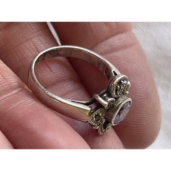 Vintage Amethyst 925 Sterling Silver Art Deco Style Marcasite Ring Size 5.75 - Picture 4 of 7